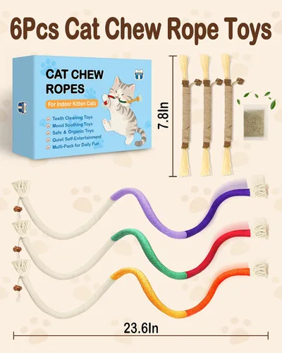 Miniatura 2 de Juguetes de cuerda masticable para gatos, 6 piezas con hierba gatera, juguetes de dentición para gatos de interior para gatitos, juguetes
