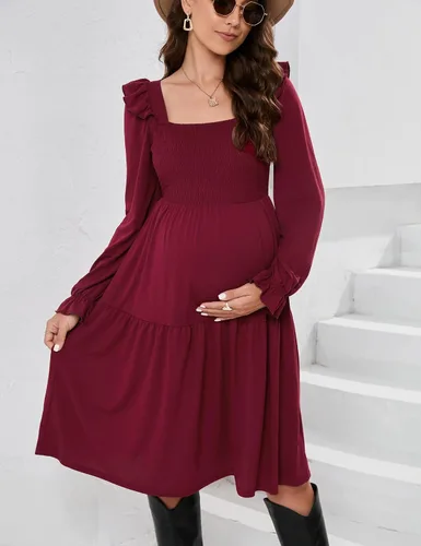 Miniatura 3 de KOJOOIN Vestido de maternidad para mujer, sin mangas, cuello cuadrado, volantes, casual, bohemio, vestido midi para baby shower, sesión de fotos