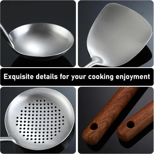 Miniatura 4 de Wok Cucharón y espátula, juego de cucharón wok de acero inoxidable, 3 cucharones largos de cocina, espátula de metal con mango de madera, juego