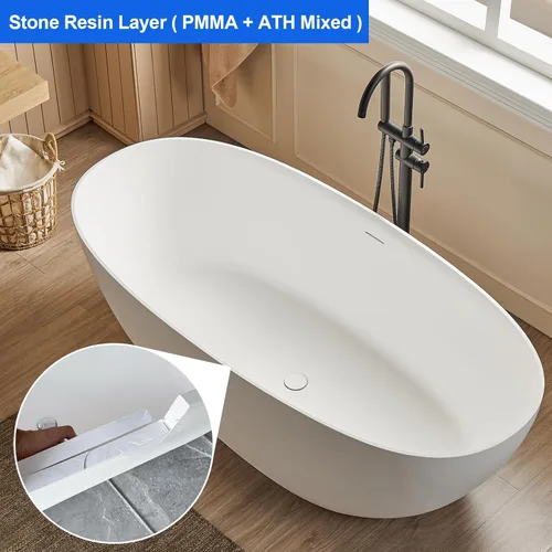 Miniatura 2 de Cpingao Bañera independiente de superficie sólida de 63", bañera de remojo moderna de forma ovalada, bañera independiente de resina de piedra
