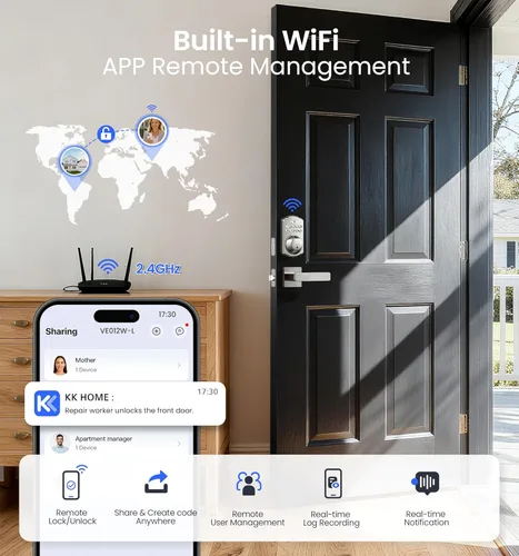 Miniatura 3 de Veise VE012W-L - Cerradura inteligente de huellas dactilares Wi-Fi integrada con juego de manija de palanca, control remoto de aplicación, entrada