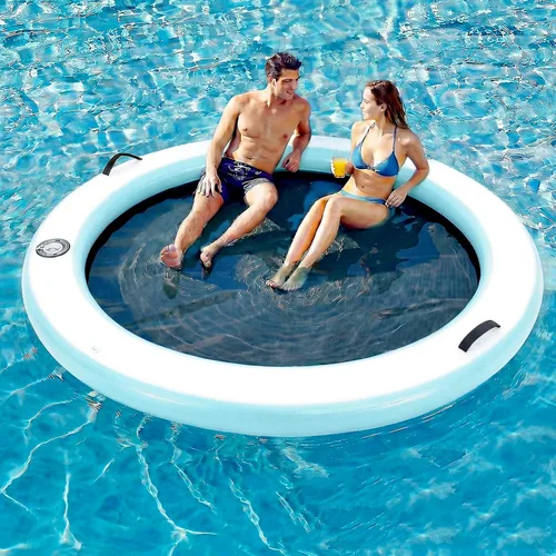 Miniatura 31 de 6-12FT Round Inflatable Floating Dock, Sunchill Float Ring, Water Hammock Tanning Pool Floats with Woven Fabric, Manual Pump for Quick Azul