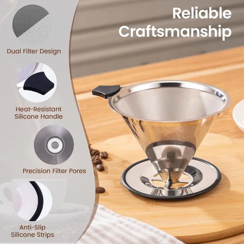 Miniatura 5 de 【2.0 mejorado】Gotero de café reutilizable de acero inoxidable con base antideslizante y asa, cafetera sin papel (plateado)