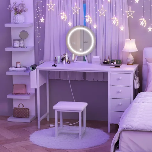 Miniatura 4 de Escritorio blanco con espejo y luz, juego de tocador de maquillaje con silla, almacenamiento, espejo iluminado, 4 cajones de tela grandes y toma