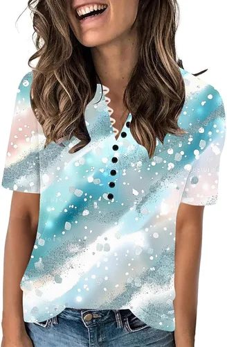 Miniatura 100 de Summer Shirts for Women 2025 Plus Size Short Sleeve Henley Tops Marble Floral Loose Tshirt Tee Casual Dressy Tunics