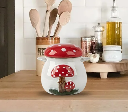 Miniatura 2 de dgudgu Guardián del ajo de la seta para el ahorrador rojo del ajo del tenedor del almacenamiento del envase de cerámica del ajo