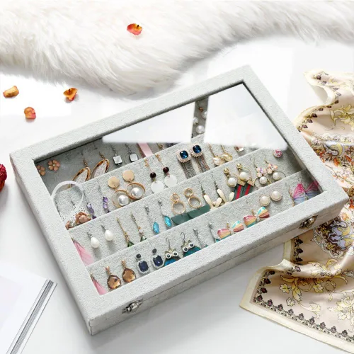 Miniatura 6 de Wuligirl - Joyero organizador de terciopelo para aretes, collares y pulseras con tapa transparente de exhibición, almacenamiento de joyas