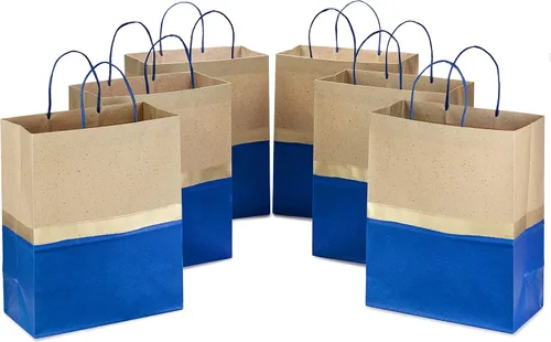 Hallmark Bolsas de regalo de papel grandes de 13 pulgadas (paquete de 6 – azul y kraft) para Hanukkah, cumpleaños, bodas, graduaciones, día del