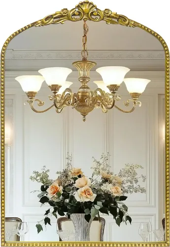 G-LEAF Espejo Barroco Vintage de 24"X36", Espejo de Repisa Arqueado Victoriano Antiguo Estilo Granja con Marco de Metal Ornamentado Dorado con Oro