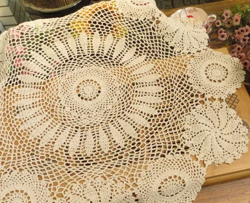 Miniatura 5 de Hetao Mantel redondo de ganchillo 100% algodón hecho a mano, fundas de mesa de encaje, beige, 27 pulgadas