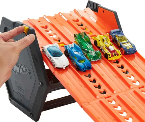 Miniatura 5 de Hot Wheels Track Builder Action, Pista de Carreras Desplegable, Juego de Pista con Pista de Carreras de 5 Carriles y Cubo de Almacenamiento