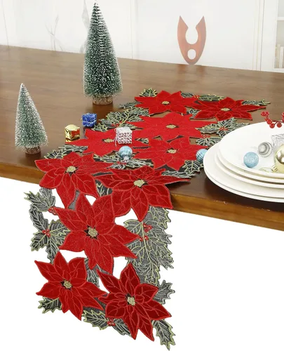 Miniatura 2 de GRANDDECO Camino de Mesa Navideño para Fiestas Campestres Bufandas de Tocador Bordadas con Flores de Nochebuena Navideñas Xmas para Casa Cocina Mesa