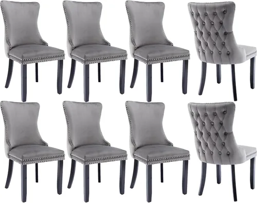 Miniatura 10 de Juego de 4 sillas de comedor de terciopelo, sillas de comedor tapizadas con respaldo de alas altas con ribete de cabeza de clavo, patas de madera