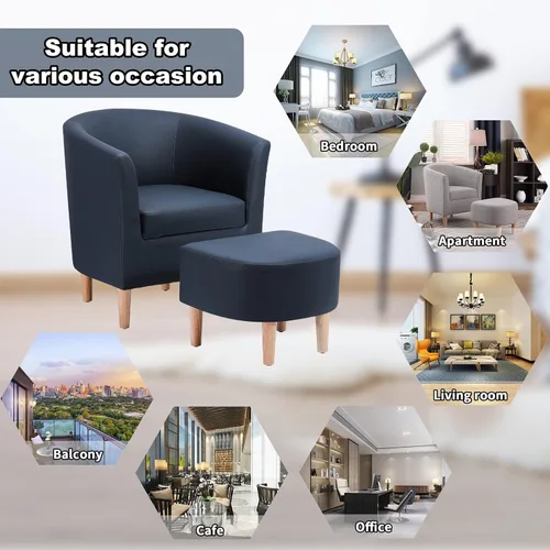 Miniatura 6 de DAZONE - Silla de cuero, silla decorativa de estilo moderno de mediados de siglo con otomano, barril falso, sillón cómodo tapizado con brazos Azul