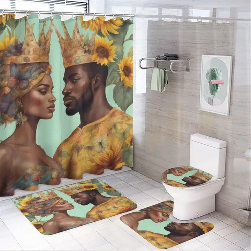 Miniatura 2 de American Couple - Juego de 3 alfombrillas de baño de 3 piezas, estilo afro, negro, King, Queen, romántico amor, impermeable, antideslizante, juego