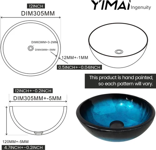 Miniatura 3 de Fregadero de baño de 12 pulgadas, lavabo de vidrio templado, cuenco redondo con grifo combinado, azul