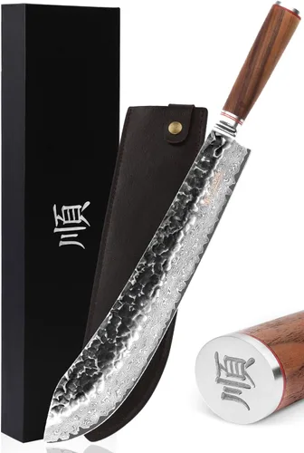 YOUSUNLONG Cuchillo para romper nariz de toro de 14 pulgadas (14.016 in) de longitud extra súper japonés martillado acero Damasco mango de madera de