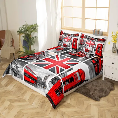 Miniatura 2 de Feelyou Funda de edredón para niñas Big Ben para niños, mujeres y hombres, color rojo y gris Londres Reino Unido, juego de ropa de cama famosa