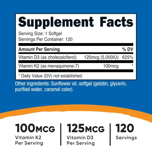 Miniatura 2 de Nutricost Vitamina K2 (MK7) (100mcg) + Vitamina D3 (5,000 UI) 120 Cápsulas Blandas - Sin Gluten y Sin OMG