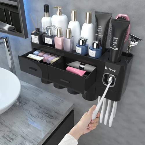 Miniatura 7 de iHave Portacepillos de dientes para baños, 3 tazas, soporte para cepillos de dientes montado en la pared con dispensador de pasta de dientes, Negro