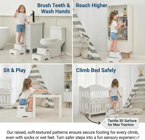 Miniatura 6 de Paquete de 2 taburetes para niños, taburete antideslizante para lavabo de baño y entrenamiento para ir al baño, resistente de 200 libras, incluye