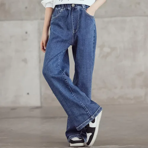 Miniatura 4 de birbyrrly Pantalones de mezclilla de pierna ancha para niñas, holgados, cintura elástica, pantalones de mezclilla casuales con bolsillos