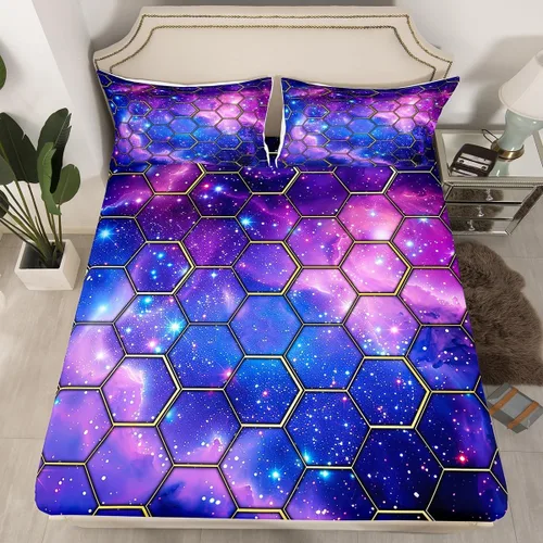 Miniatura 23 de Manfei Juego de sábanas bajeras de panal de galaxia, tamaño individual, 2 piezas, estampado geométrico hexagonal, funda de cama de cielo estrellado