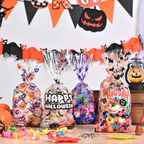 Miniatura 5 de AhfuLife 200 bolsas de celofán de Halloween, 8 diseños de bolsas de dulces transparentes de Halloween con lazos giratorios para golosinas o tratos