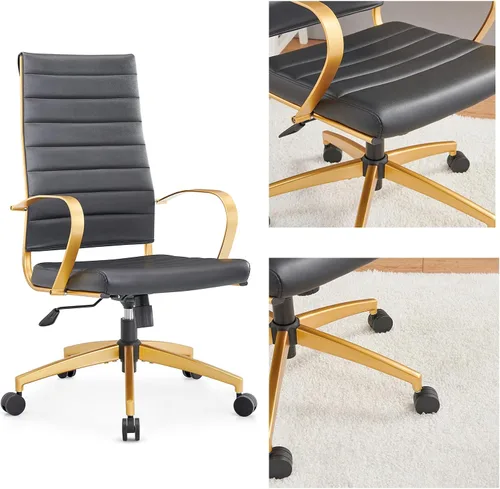 Silla de oficina ergonómica, silla de escritorio de cuero dorado con respaldo alto y soporte lumbar, silla de oficina en casa para estudio o