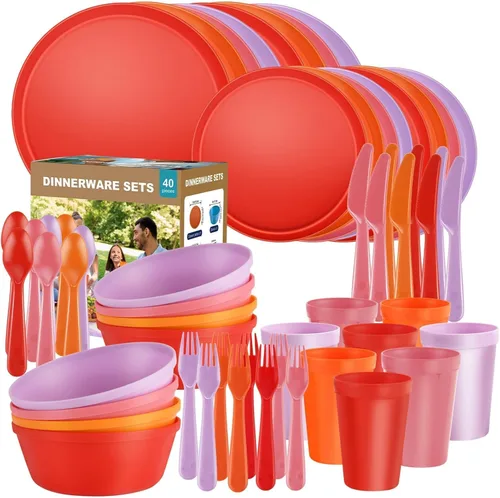 Miniatura 12 de Juego de vajilla para camping de RV de 40 piezas (servicio para 8), juego de platos y cuencos aptos para microondas con cubiertos, platos