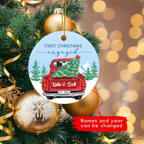 Miniatura 3 de Adorno de compromiso para pareja de recién casados 2025, 2025, adorno personalizado para árbol de Navidad, camión rojo comprometido, regalo