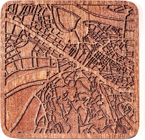 Miniatura 6 de Posavasos Amsterdam Map by O3 Design Studio, 1 pieza, posavasos de madera Sapele con mapa de la ciudad, hecho a mano, varias ciudades opcionales