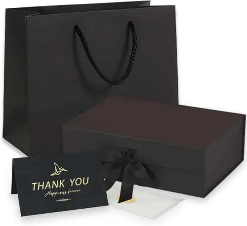 Caja de regalo mediana negra con tapa, cinta, bolsa de regalo y tarjeta de felicitación, 9.4 x 7 x 3 pulgadas, cierre magnético, ideal para