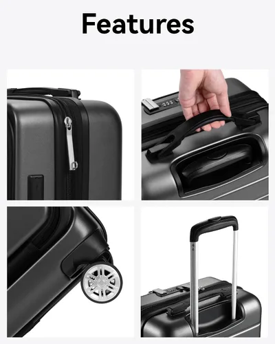 Miniatura 9 de LUGGEX Maleta de mano con bolsillo frontal, maleta rígida de policarbonato expandible con puerto USB, Negro -, Maleta de mano