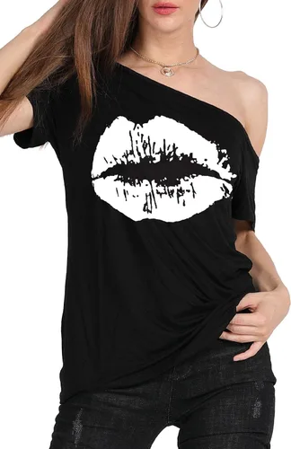 Miniatura 14 de MAGICMK - Camiseta casual para mujer, con estampado de labios y hombro descubierto, talla extragrande