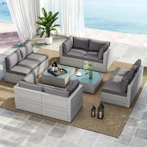 Miniatura 34 de Tangkula Juego de muebles de mimbre de patio de 7 piezas, juego de sofá modular de ratán para 6 personas con cojines de asiento y respaldo, 2 Azul
