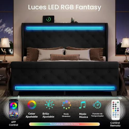 Miniatura 3 de Belffin Estructura de Cama Tamaño Queen con Cabecero, Cabecero Alto de 50" Cama Plataforma Tapizada en Terciopelo con Luces LED y 2 Puertos USB/1
