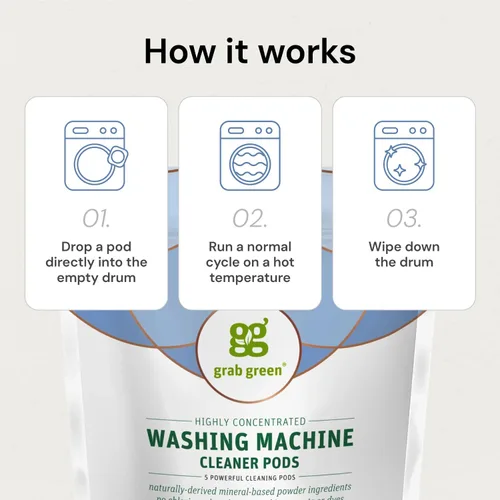Miniatura 3 de Grab Green Cápsulas limpiadoras para lavadora, sin fragancia, 5 unidades Limpia y refresca lavadoras; sin productos químicos agresivos; polvo a