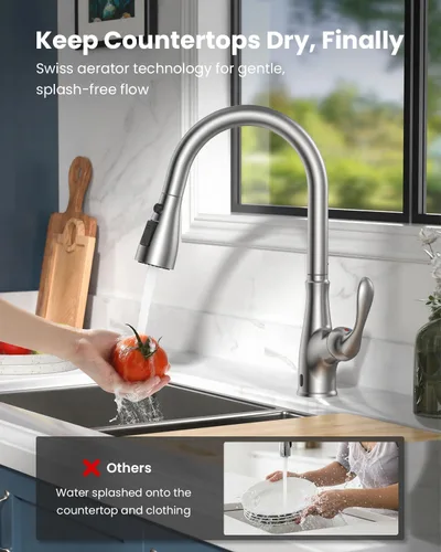 Miniatura 7 de APPASO Grifo de cocina sin contacto de níquel cepillado con rociador abatible, grifo de fregadero de cocina inteligente de una manija activado por