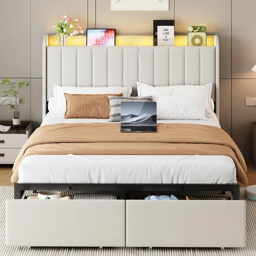 Miniatura 2 de Base de cama tamaño queen con cabecera de almacenamiento y 2 cajones, base de cama tapizada con luces LED y práctica estación de carga, no necesita