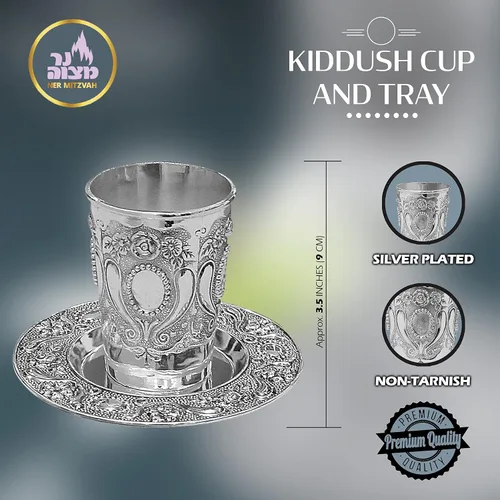 Miniatura 3 de Ner Mitzvah Kidush Taza y bandeja – Taza de vino niquelada de alta calidad – para Shabat y Havdalah – Judaica Shabbos y regalo de vacaciones