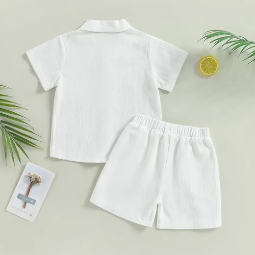 Miniatura 3 de BULINGNA Conjunto de 2 piezas de camiseta de manga corta con botones y pantalones cortos para bebé, algodón, lino, verano