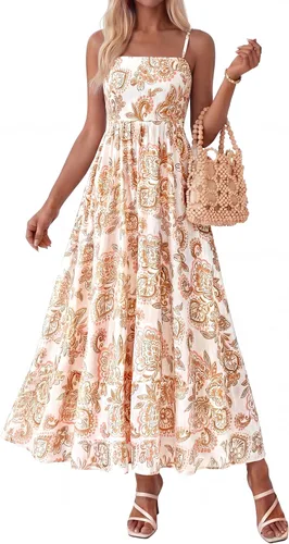 Miniatura 13 de PRETTYGARDEN Vestido largo de verano para mujer, con tirantes delgados, bohemio, floral, a rayas, para invitadas de boda, playa, vacaciones, vestido