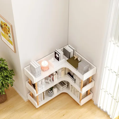 Miniatura 8 de OSCHF Estantería esquinera reversible de madera, moderna estantería en forma de L de 3 niveles con marco de madera maciza y protección de bordes
