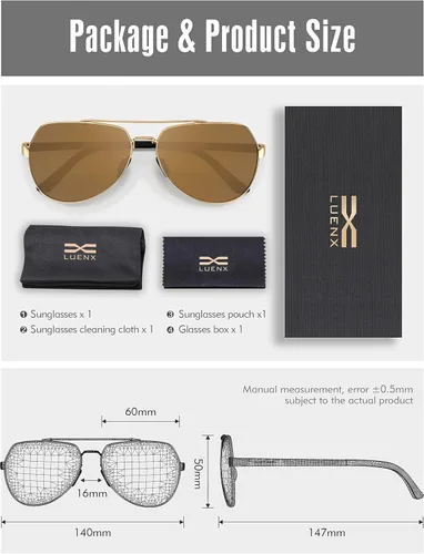 Miniatura 6 de Lentes para aviador Luenx polarizados para hombres y mujeres con armazón de metal grande protección UV 400