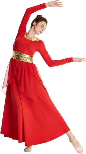 Miniatura 3 de MYRISAM Mujeres Alabanza Bata de Baile Culto Litúrgico Cintura Metálico Vestido de Manga Larga Falda de Gasa Traje Lírico