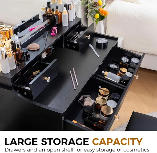 Miniatura 6 de COMHOMA Vanity Desk with LED Lights Mirror & Power Outlet, Small Makeup Vanity Table Set with 5 Storage Drawers, 3 Lighting Modes & Adjustable