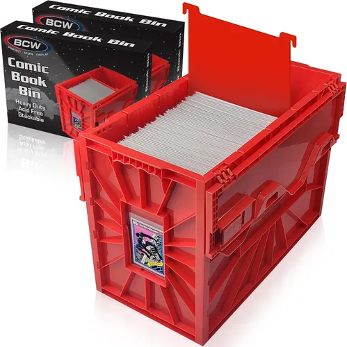 BCW Recipiente corto para cómics | Capacidad para 150 cómics | Almacenamiento de plástico apilable | Organizador sin ácido | Rojo, paquete de 2