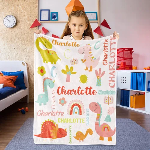 Miniatura 4 de Manta de dinosaurio personalizada con nombre para niña, manta de nombre personalizada para niños, manta de franela suave de dinosaurio rosa, regalo
