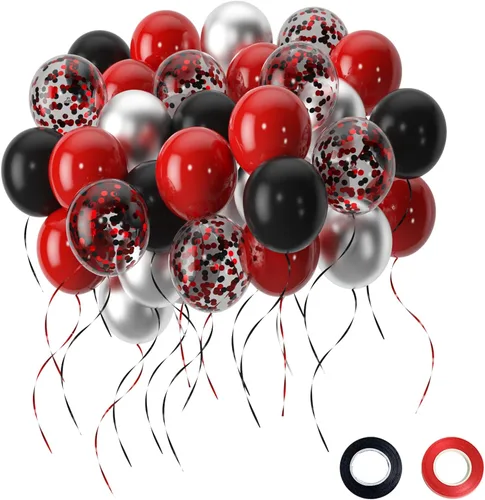 Globos: 50 globos rojos y negros, 12 pulgadas con globos de confeti negro y rojo, para decoraciones de fiesta de cumpleaños rojo y negro